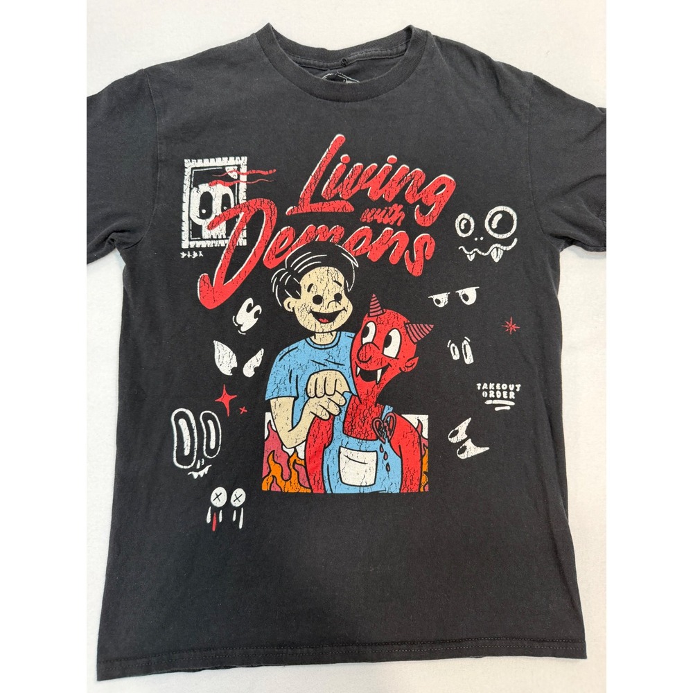 Takeout Order Living with Demons Graphic T-Shirt Black Small Streetwear Cotton